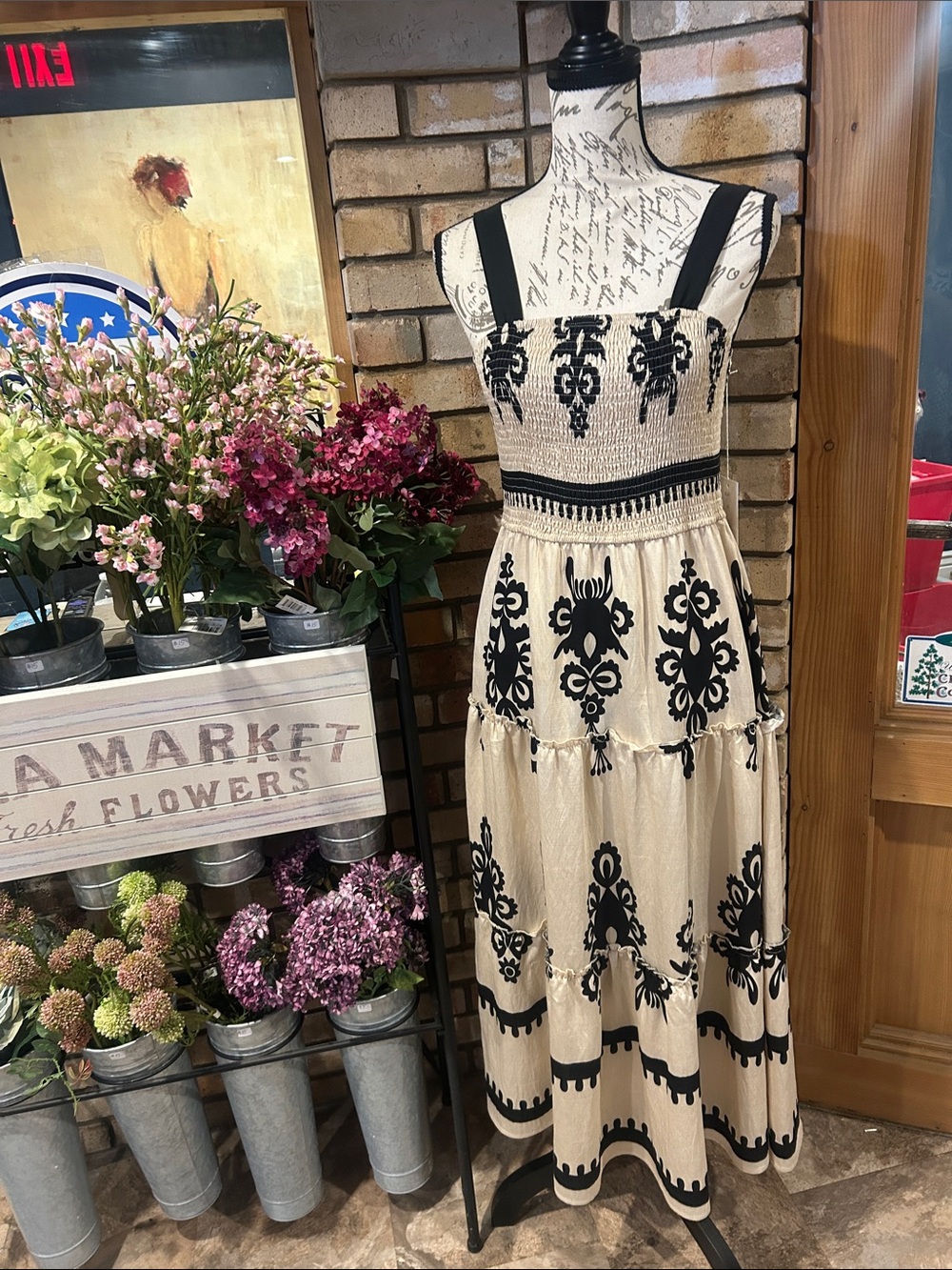 NWT Bohemian Cream Midi Dress with Black Damask Print